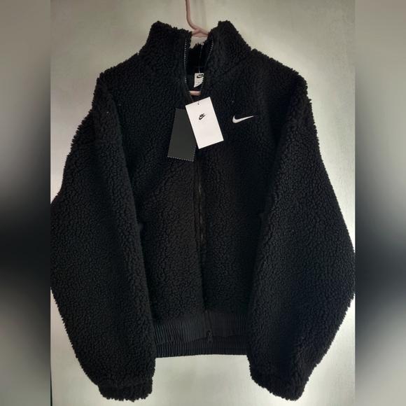 NWT Nike Sherpa Swoosh Embroidered Logo  Jacket Full Zip Black - Picture 2 of 12